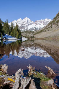 Scenic view of lake and mountains against clear sky