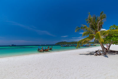 Scenic view of beach against blue sky