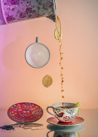 High angle view of wineglass on table