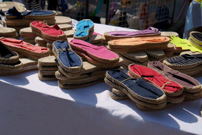 High angle view of shoes for sale at market