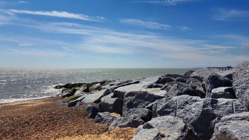 Rocks at shore against sky
