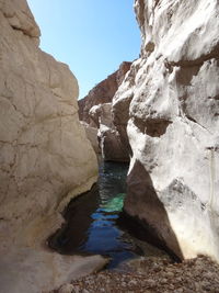 Rock formation by river against sky