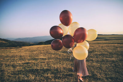 View of balloons on field against sky during sunset