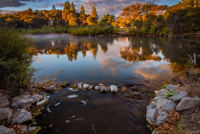 Scenic view of lake by trees against sky