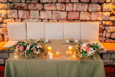 Close-up of potted plants against wall