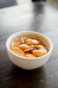 High angle view of soup in bowl on table