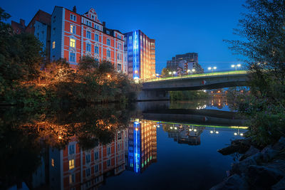 Illuminated buildings by river against sky in city at dusk