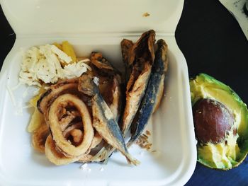 High angle view of fish served in plate