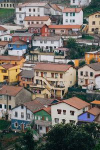 High angle view of residential buildings in city