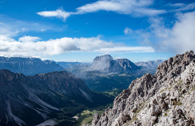 Scenic view of mountain range against cloudy sky