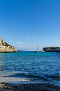 Scenic view of sea against clear blue sky