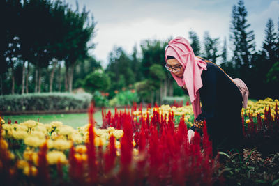 Woman looking at flowering plants in park