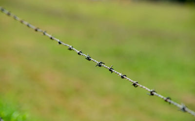 Close-up of barbed wire fence on field