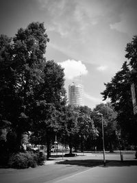 Trees by road against sky in city