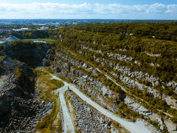 High angle view of land against sky