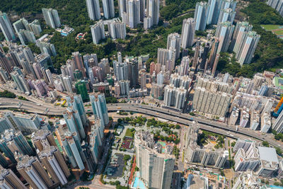 High angle view of city buildings