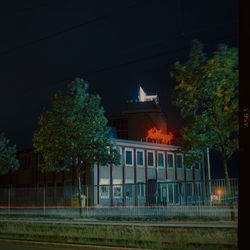 Trees and building against sky at night