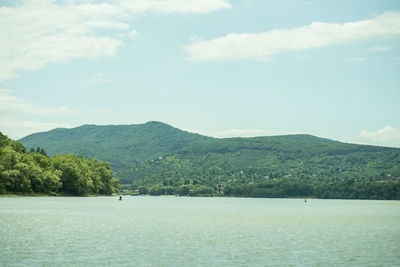 Scenic view of sea and mountains against sky