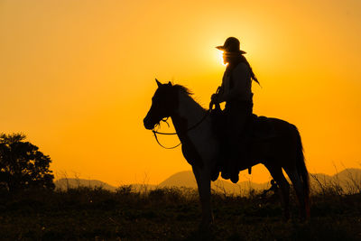 Silhouette man riding horse on land against sunset sky