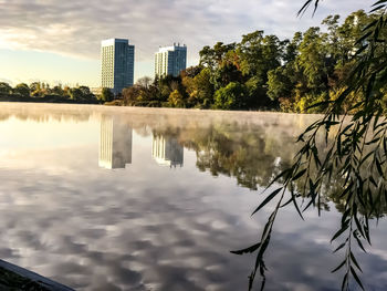 Reflection of trees and buildings in lake