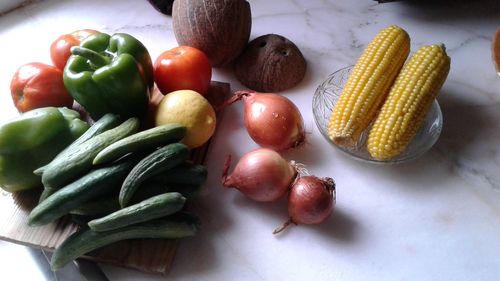 High angle view of fruits and vegetables on table