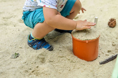 Low section of boy crouching on sand at beach