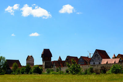 Low angle view of houses on field against sky