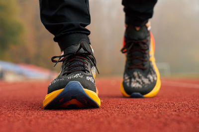 Low section of man standing on road