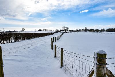 Snow covered landscape against sky