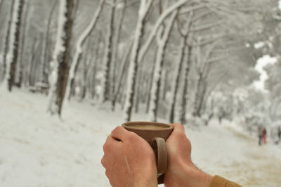 Cropped image of hand holding coffee cup during winter