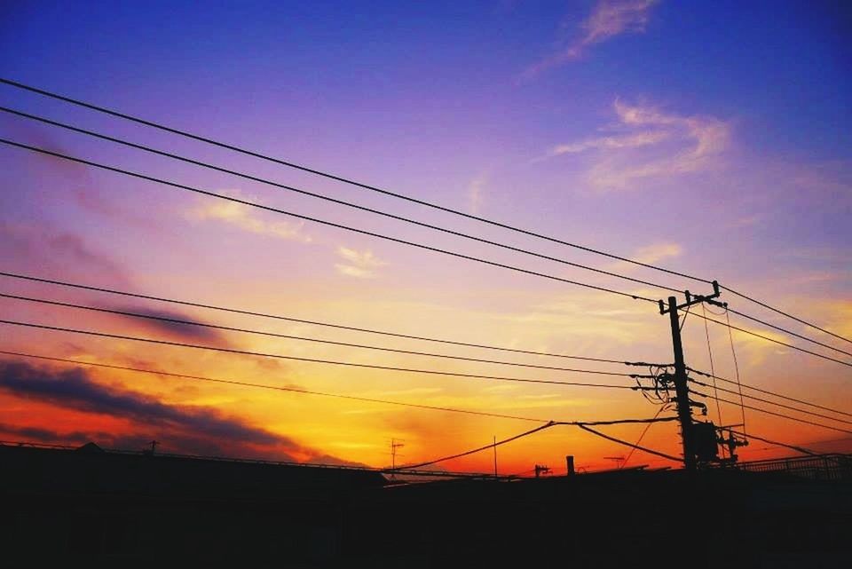 power line, electricity pylon, sunset, power supply, electricity, silhouette, cable, connection, sky, low angle view, fuel and power generation, power cable, orange color, technology, cloud - sky, beauty in nature, scenics, cloud, nature, tranquility