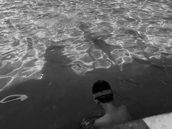 High angle view of shirtless boy swimming in pool