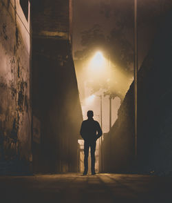 Rear view of silhouette man standing by illuminated buildings in city