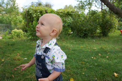 Cute boy looking away while standing on grassy field at park