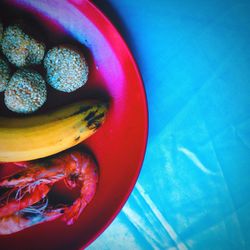 High angle view of fruits in bowl on table