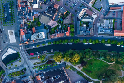 High angle view of city buildings