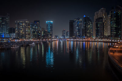 View of city lit up at night