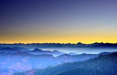 Scenic view of mountains against clear sky during sunset