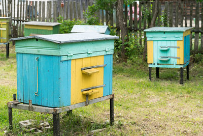 Wooden beehive with the family of bees