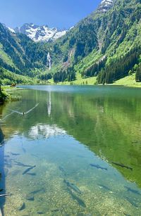 Scenic view of lake and mountains against sky