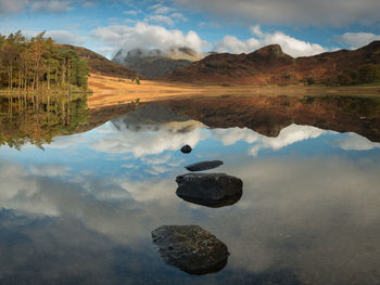 Scenic view of reflection of clouds in lake