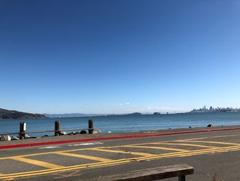 Scenic view of sea against clear blue sky