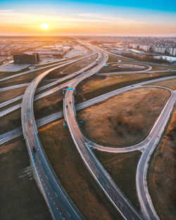 High angle view of highway at sunrise