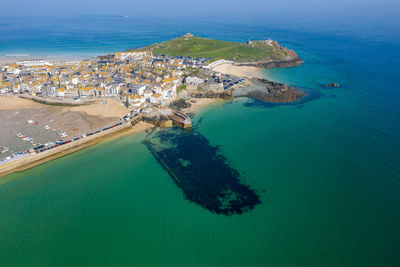 High angle view of boats on beach