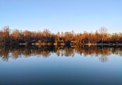 Scenic view of lake against clear blue sky