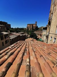 Panoramic view of old building in city against clear blue sky