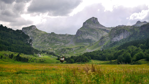 Scenic view of landscape and mountains against sky