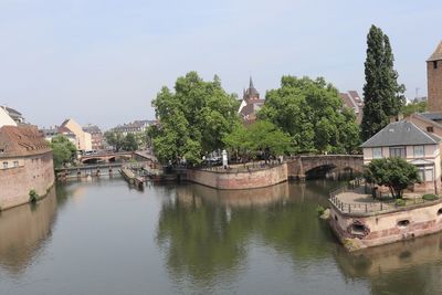 Scenic view of river by buildings against sky