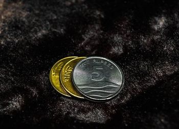 Close-up of coins on white background