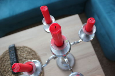High angle view of red wine on table